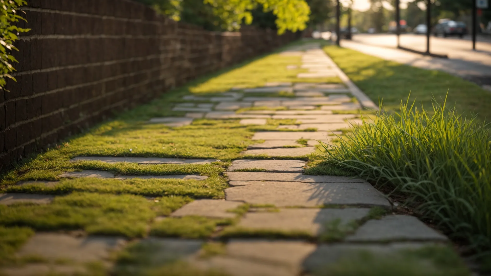 a close-up of a cracked and uneven sidewalk, with vibrant green grass pushing through the gaps, beautifully illuminated by soft morning light, showcasing the urgent need for maintenance and safety awareness.