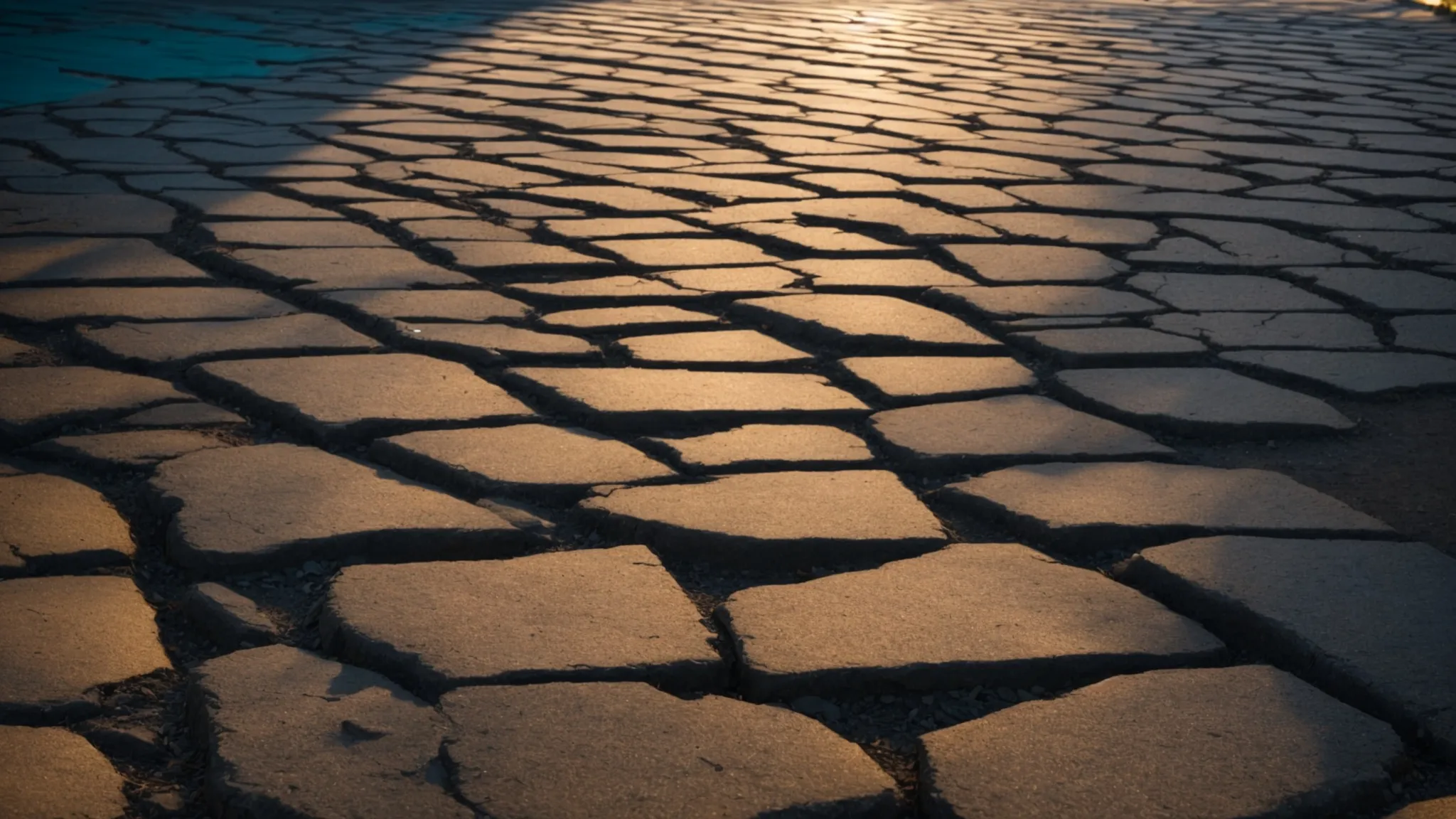 a close-up of a professionally paved sidewalk with vibrant, well-defined cracks, illuminated by soft morning light, highlighting the importance of timely repairs and maintenance.
