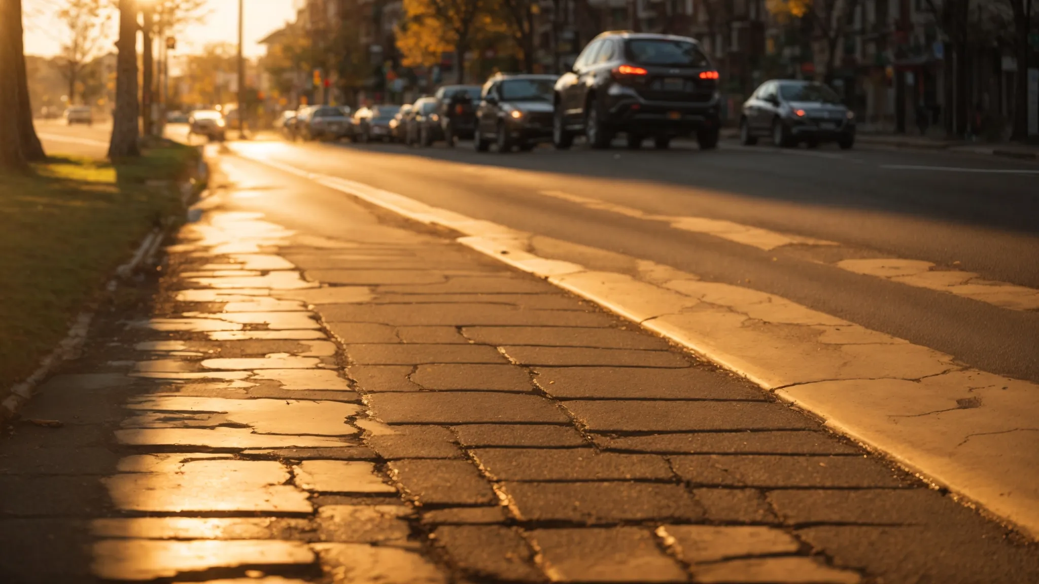 a visually compelling scene of a cracked and uneven sidewalk bathed in golden afternoon sunlight, highlighting the urgent need for maintenance to ensure pedestrian safety and aesthetic appeal.