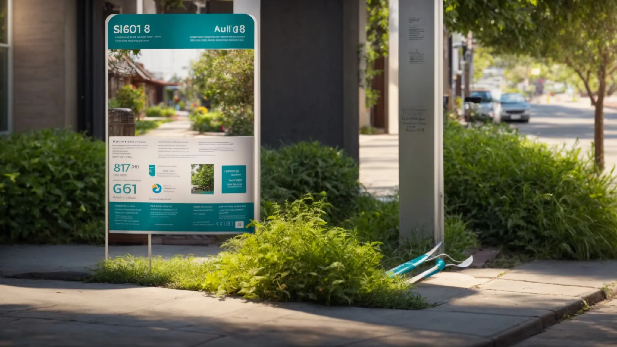 a vivid scene of a well-maintained sidewalk bordered by vibrant greenery, showcasing tools like a trowel and a measuring tape alongside a community notice board featuring educational flyers on sidewalk care, all under warm, inviting daylight.