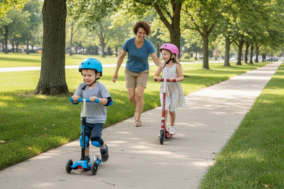 Children riding scooters on a sidewalk with an adult in the background.