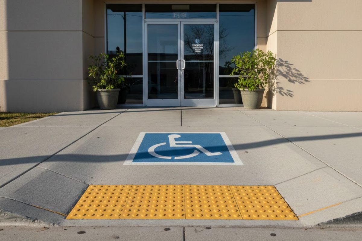 A building entrance with glass double doors, plants on either side, a wheelchair-accessible sign on the sidewalk, and a yellow tactile warning strip at the curb ramp.