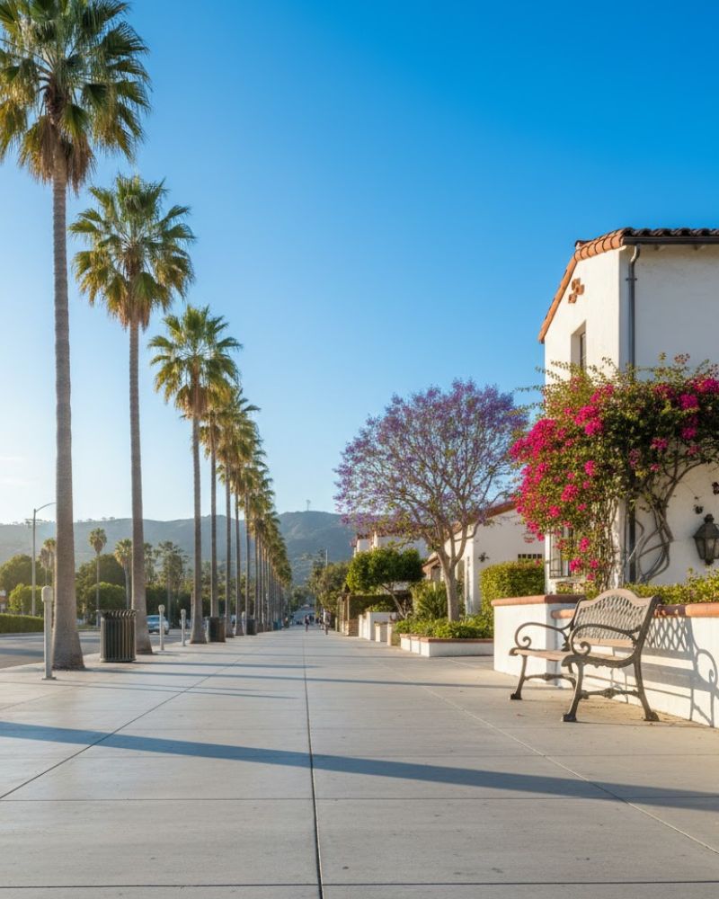 Sunny coastal California street with palm trees, Spanish-style homes, bougainvillea, bench, and a mountain backdrop.